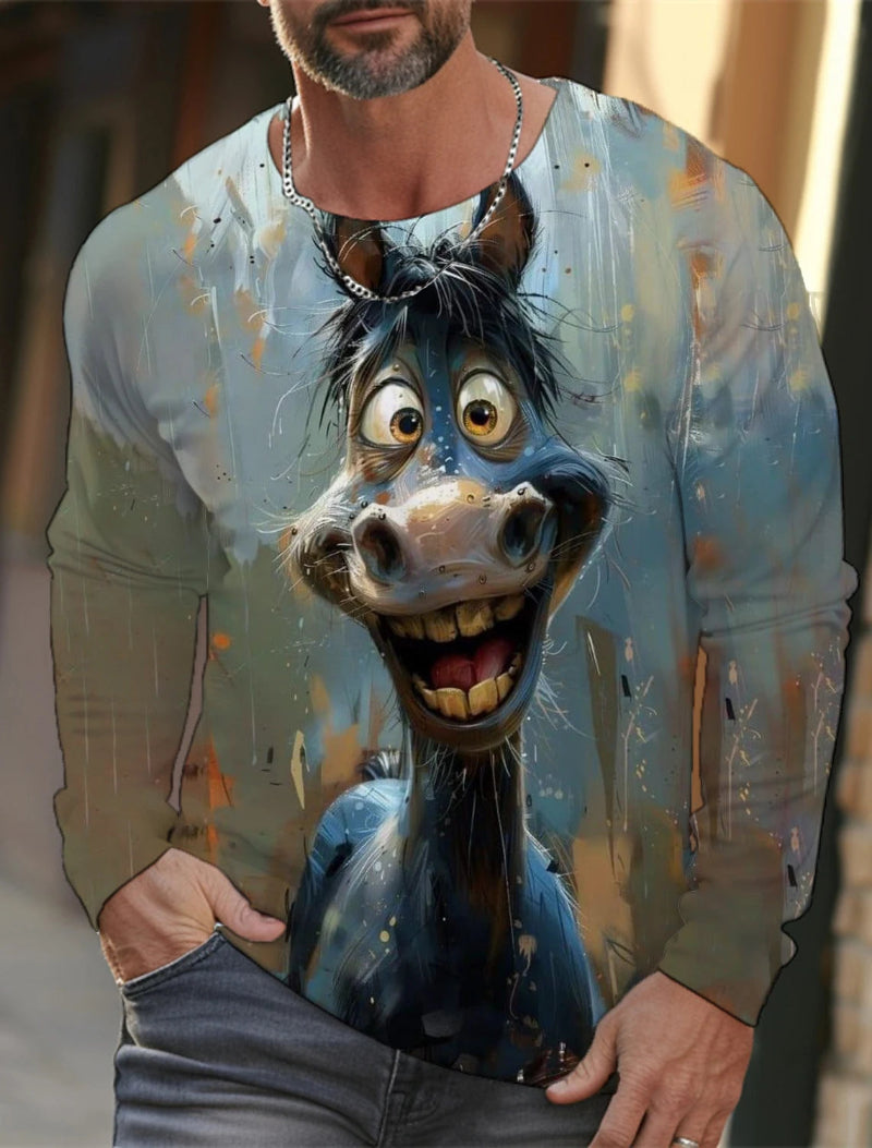 Person wearing a shirt with a cartoon horse design, standing outdoors.