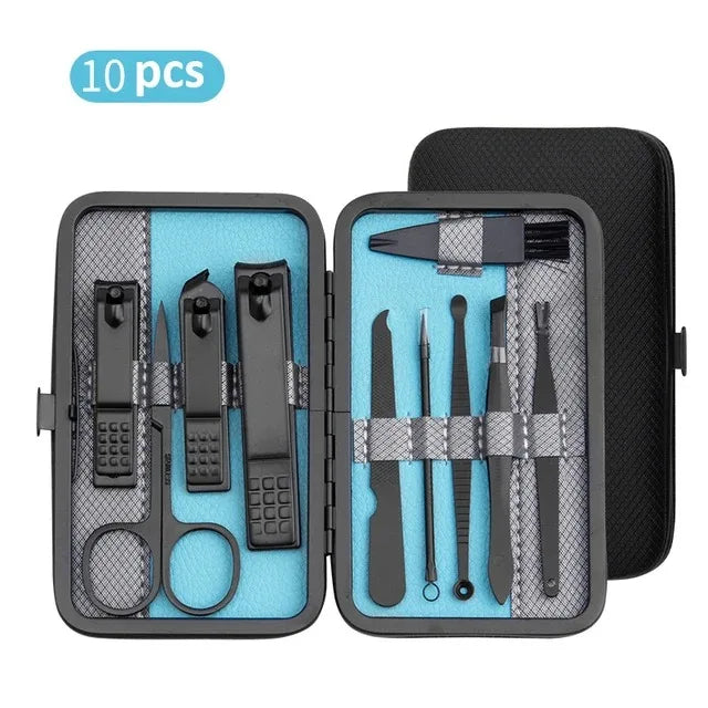A 25-piece manicure set displayed in an open black case with yellow accents, including various nail clipppers, scissors, and other nail care tools.
