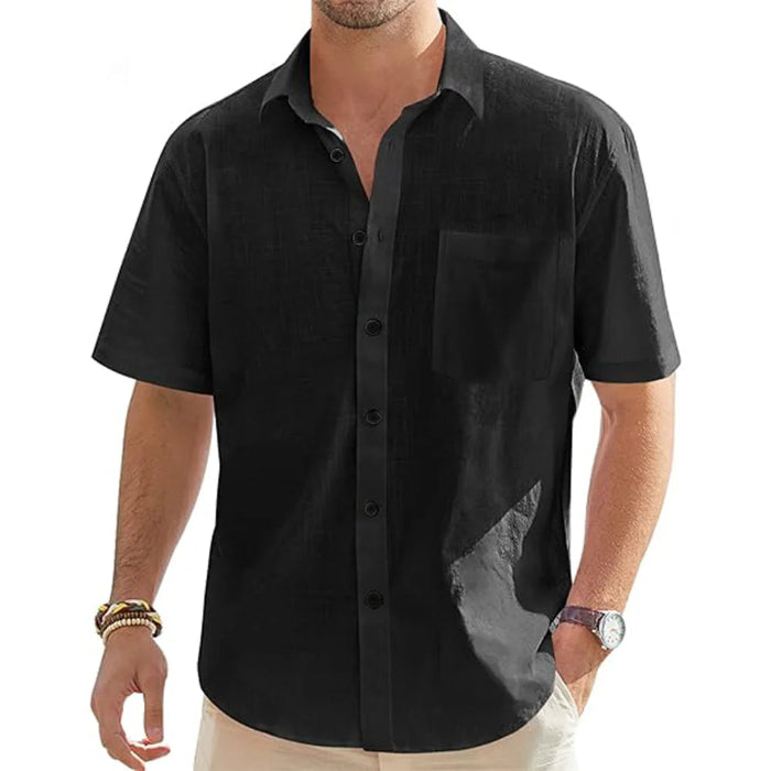 Men’s cotton linen short sleeve shirt with pocket, lightweight summer beachwear casual button shirt -  Black