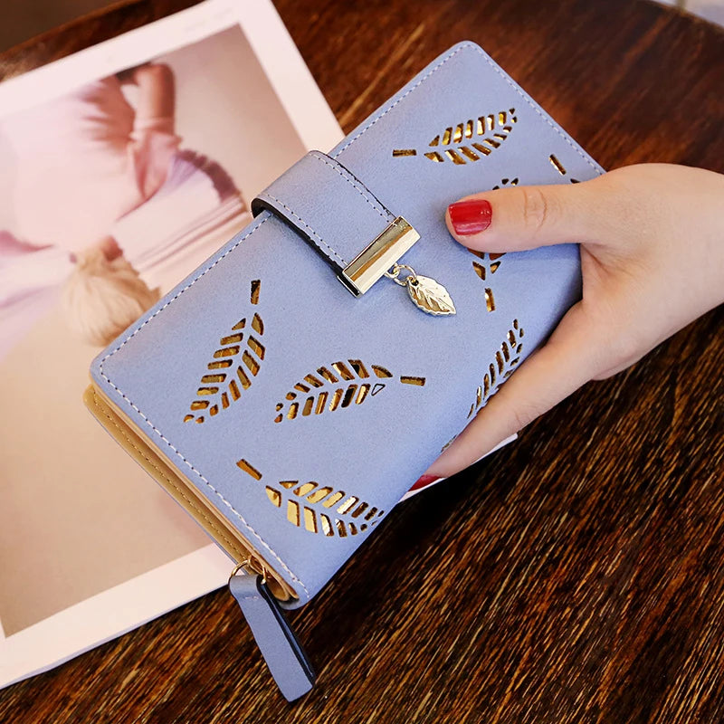 Women Wallet Hollow Golden Leaf blue2