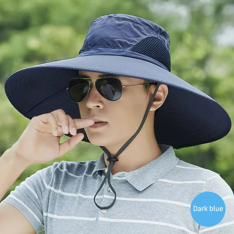 15CM large brim sun hat with mesh for UV protection, ideal for men and women outdoors - dark blue