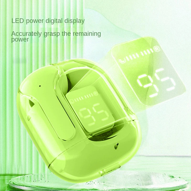 TWS wireless Bluetooth earbuds with transparent case, LED display, ENC mic, and stereo sound LED-display