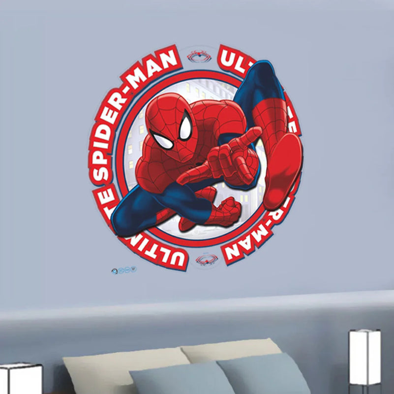 Spider-Man wall decal on a light blue wall with a bed and lamps in the foreground.