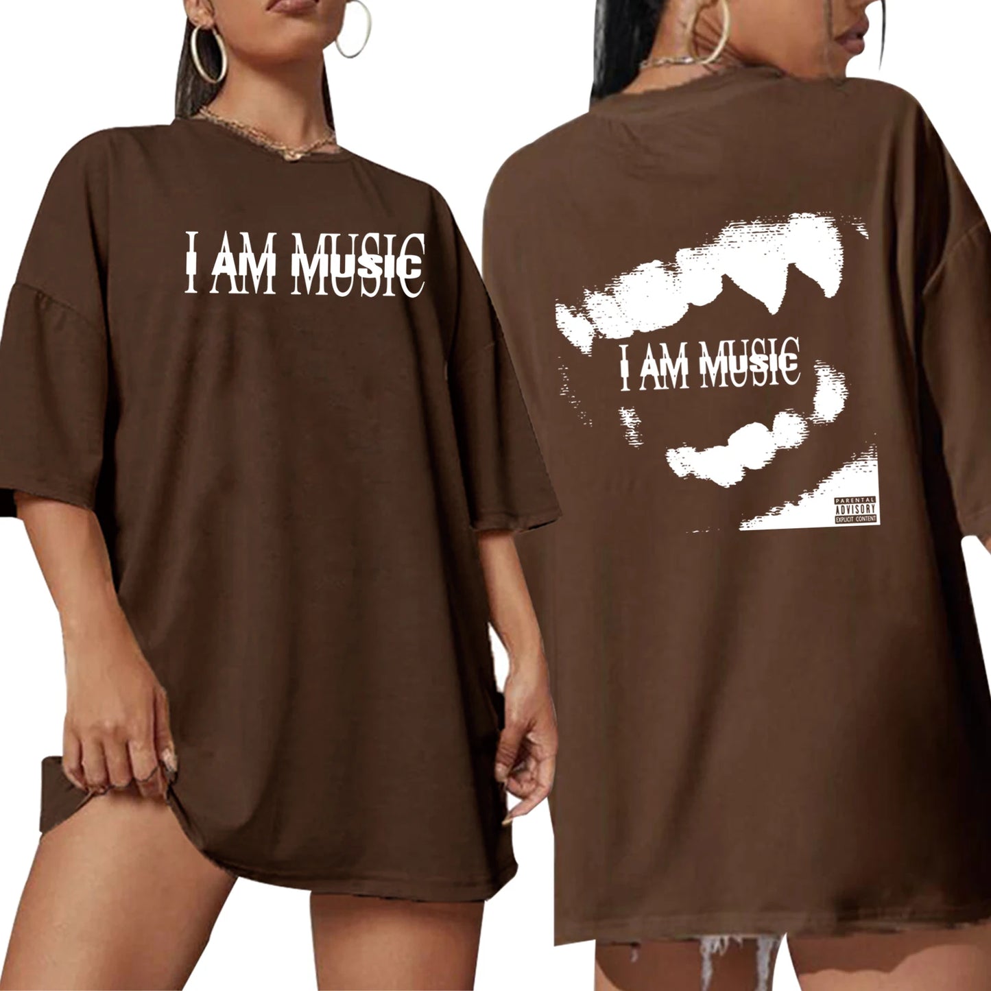 Brown t-shirt with 'I AM MUSIC' text on front and back worn by a model.