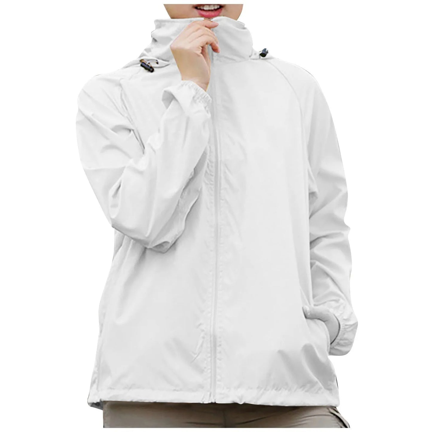 White jacket worn by a person on a white background