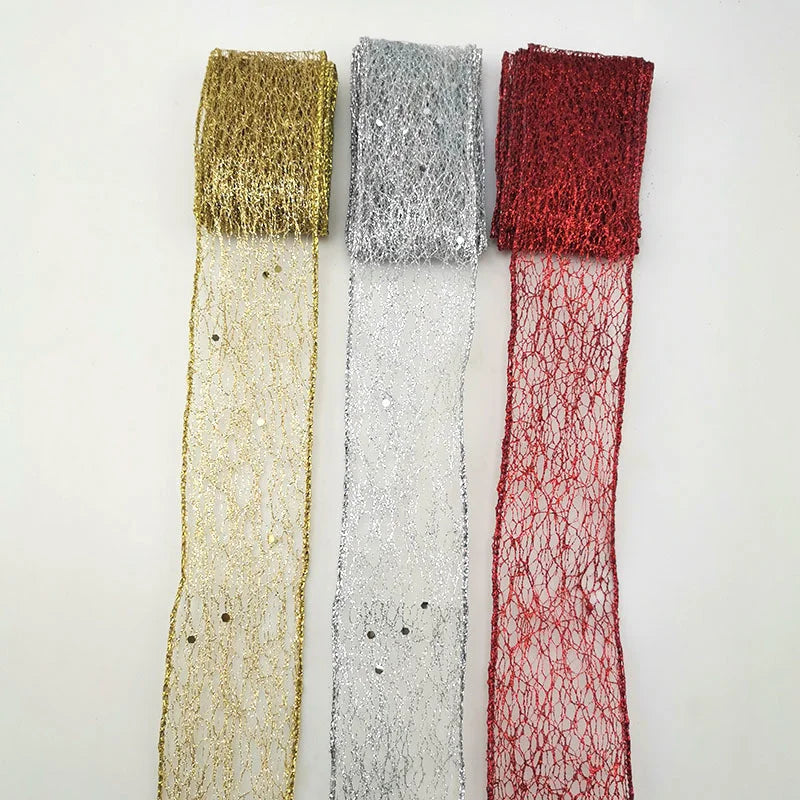 2-meter roll of 50mm shiny gold hollow-out ribbon gold silver red