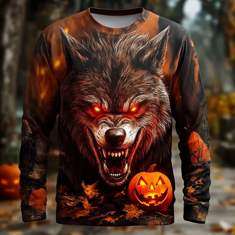 Sweatshirt with a wolf and pumpkin design on a Halloween-themed background
