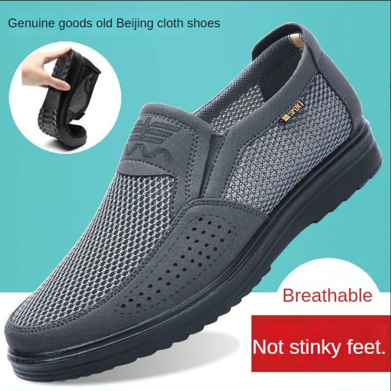 Gray slip-on shoe with mesh design on a blue background, featuring text about breathability and stinky feet.