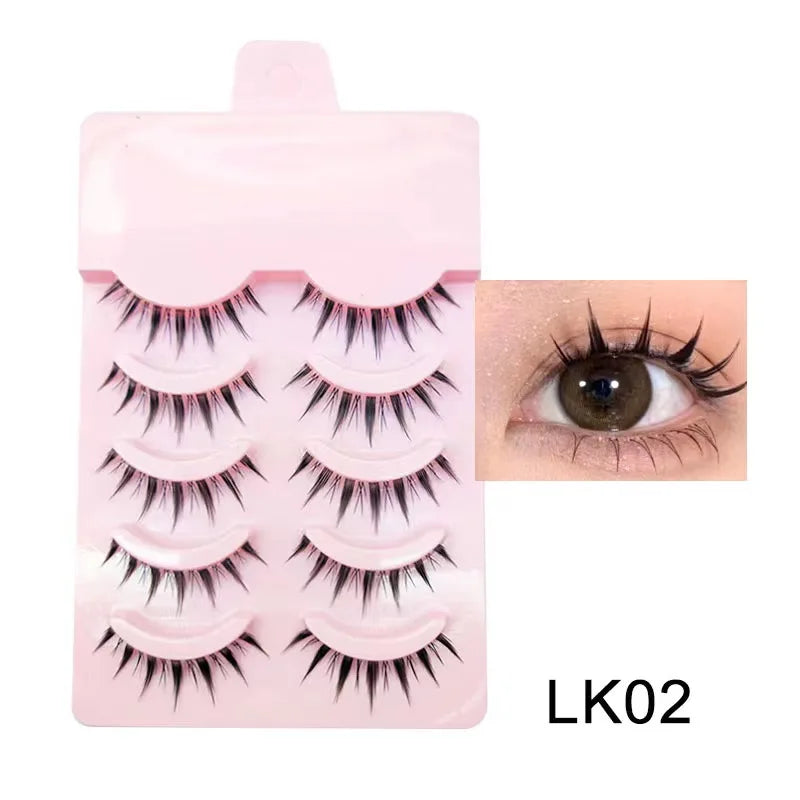 Set of false eyelashes with a pink packaging card and an inset showing an eye wearing the lashes.