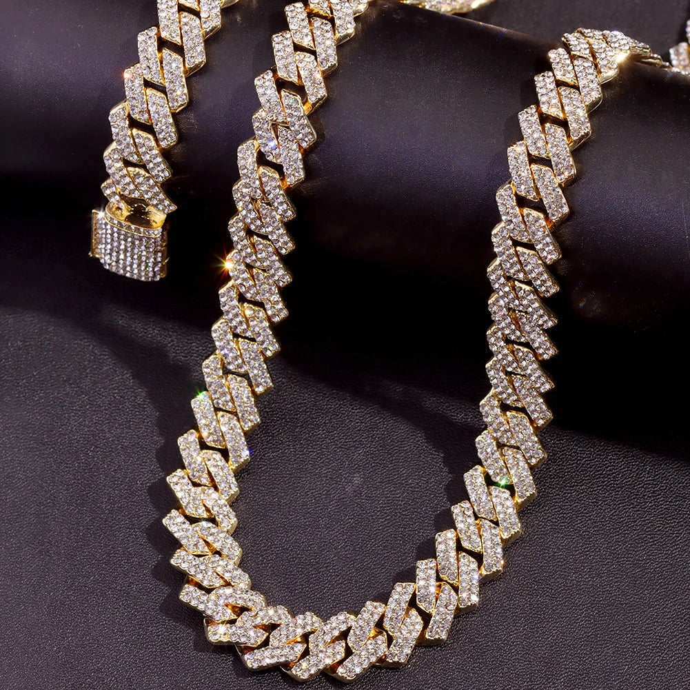 2pcs iced out hip hop Cuban chain and cross tennis necklace for men and women  - gold one chain