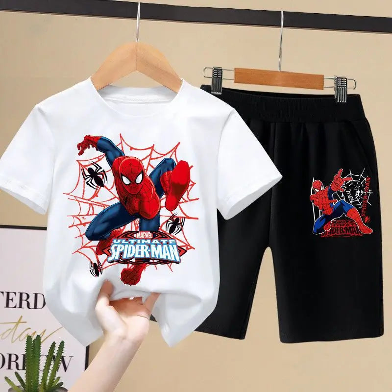 Spider-Man t-shirt and shorts set on hangers with a beige background