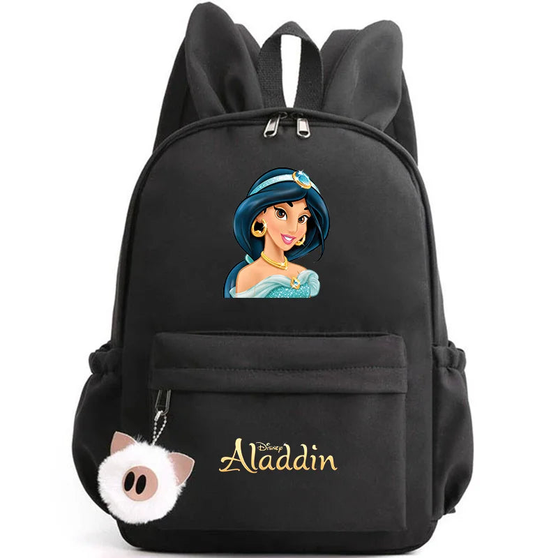 Black backpack with Disney Aladdin design on a white background