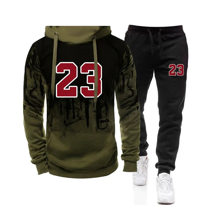 Green hoodie and black pants with red number 23 on a white background