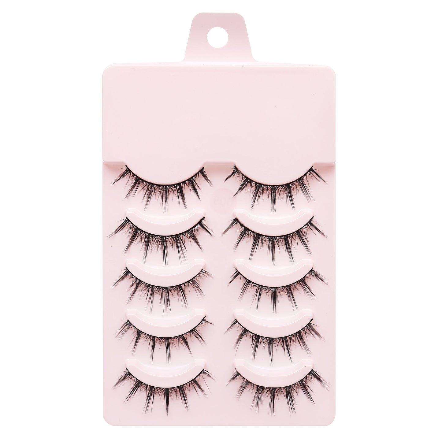 Set of false eyelashes on a pink packaging with a hook