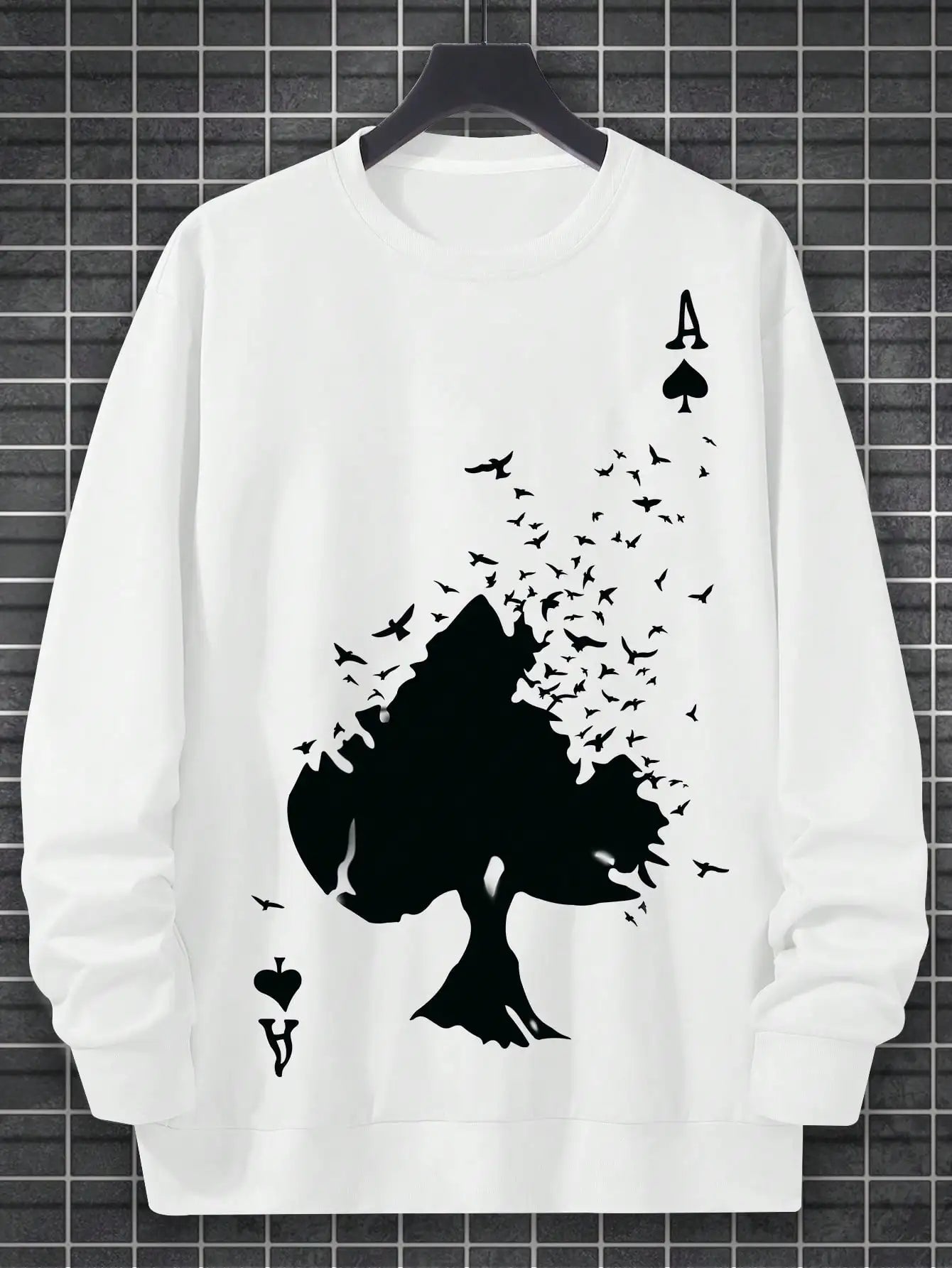 Drifting Spades Black Pattern Sweatshirt – Hip Hop Style Fleece Pullover for Men- white front