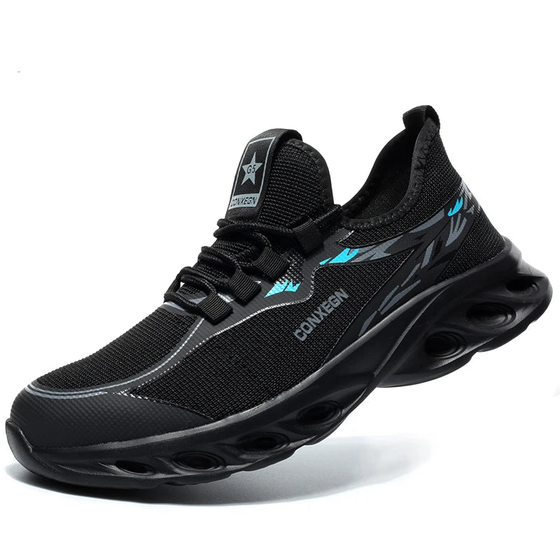 Men’s steel toe safety work shoes with anti-smashing and anti-piercing design, protective indestructible sports security boots black