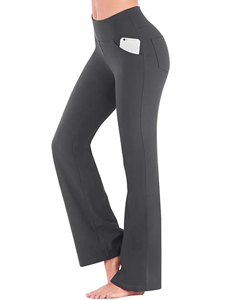 Women’s elegant high-waisted palazzo trousers with wide flared legs, designed for professional or formal wear dark gray