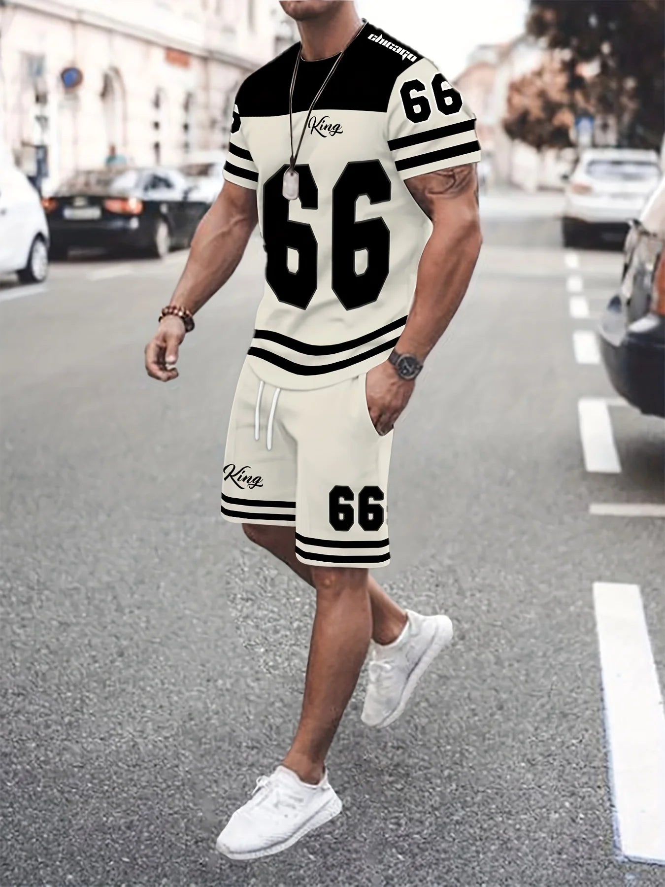 Men's set No. 66 letter print T-shirt and short. - set1