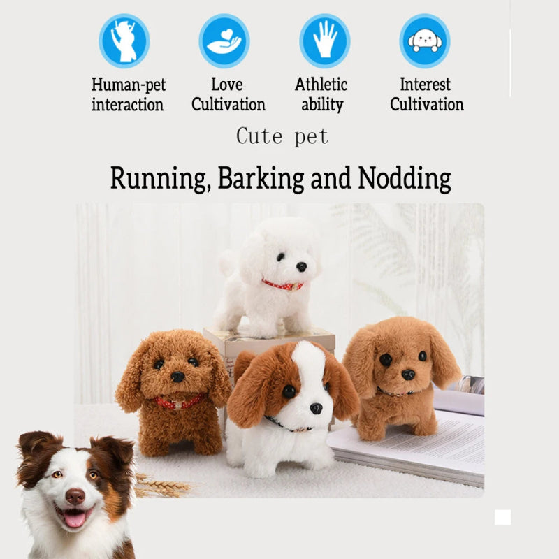 Toy dogs with features like running, barking, and nodding on a white background