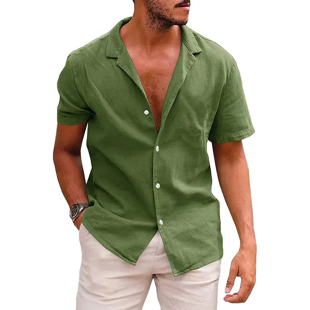 Man wearing a green short-sleeve shirt on a white background