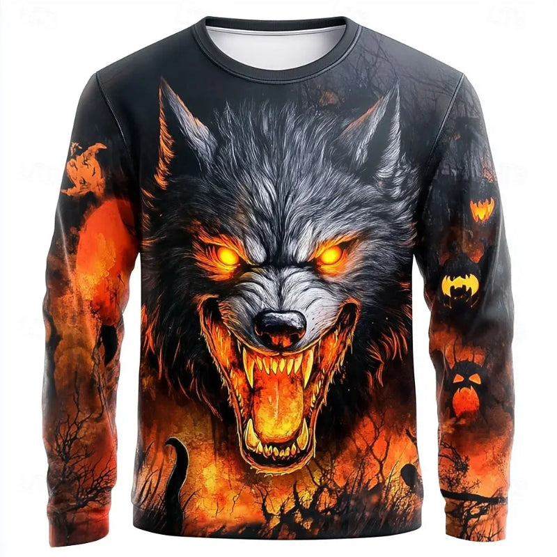 Long-sleeve shirt with a wolf graphic design on a white background