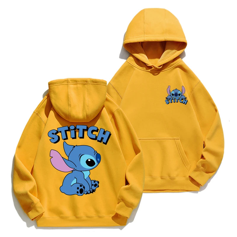 Loose fit Stitch cartoon hoodie with anime design, cozy for autumn/winter, perfect for couples or fans of cute American-style hoodies yellow and blue stitch