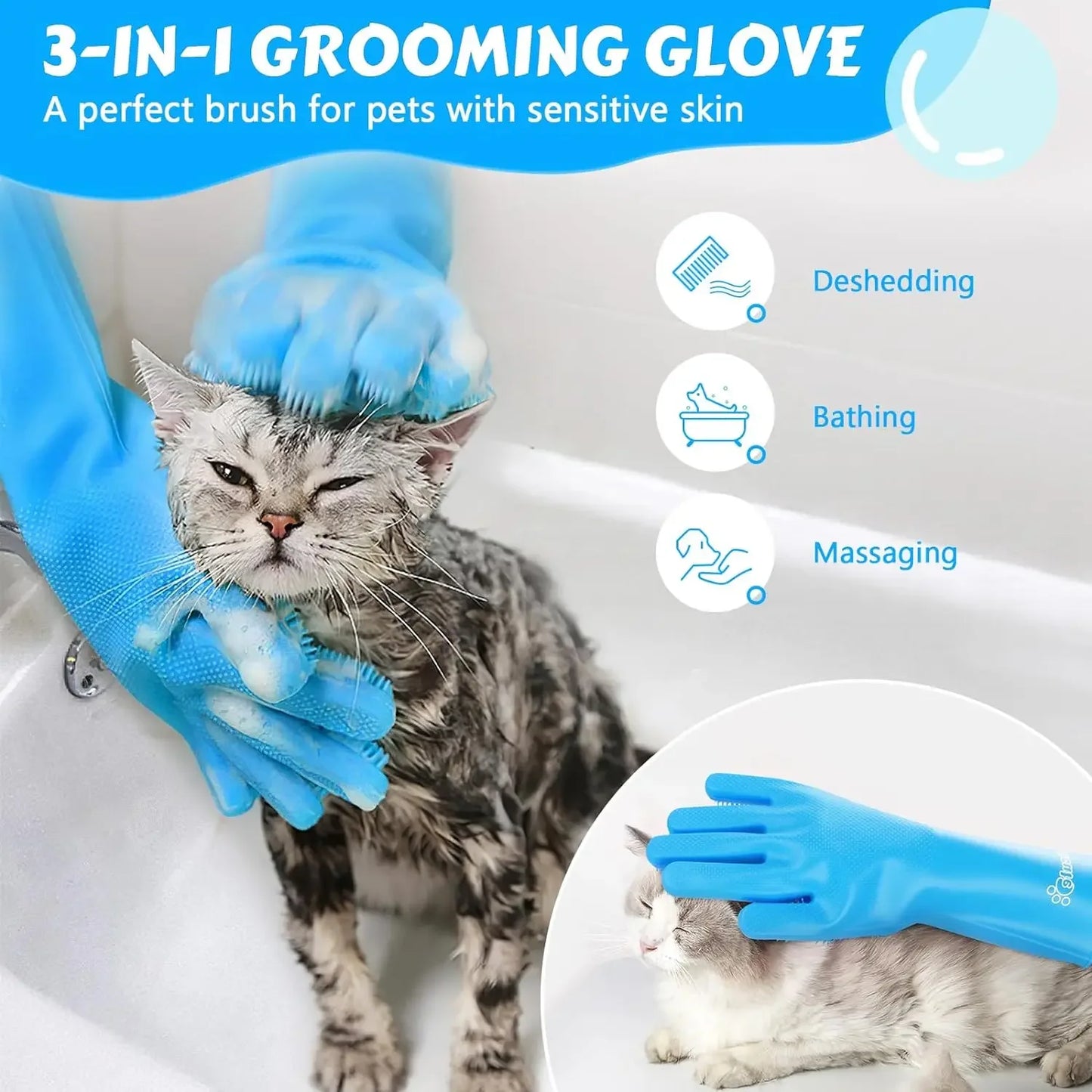 Cat being groomed with a 3-in-1 grooming glove in a bathtub.