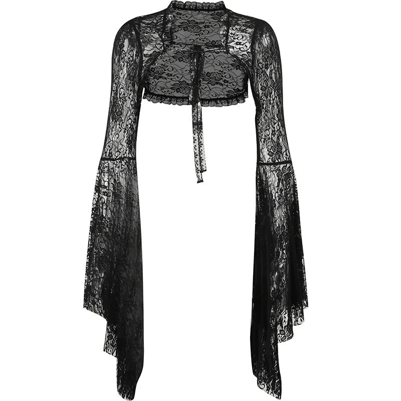 Black lace dress with long sleeves on a white background