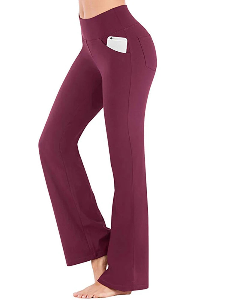 Women’s elegant high-waisted palazzo trousers with wide flared legs, designed for professional or formal wear red