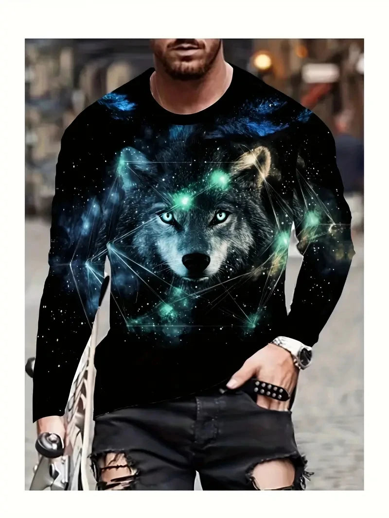 Person wearing a long-sleeve shirt with a wolf design and cosmic elements.