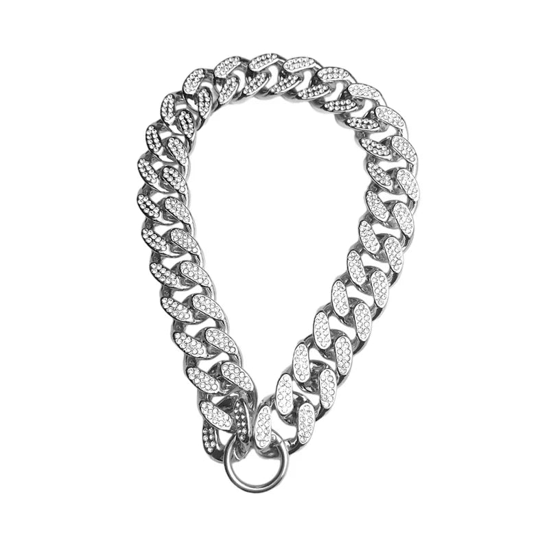 Golden ABS plastic dog collar with diamond inlay sparkle, chain design, suitable for small to large dogs and cats, stylish pet accessory.- 06