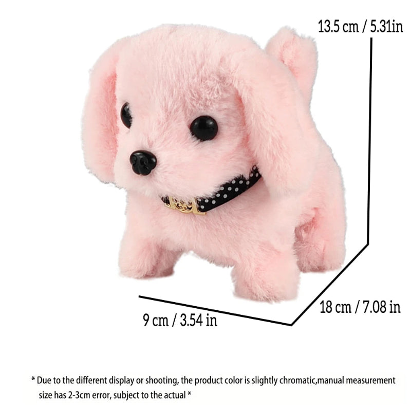 Pink plush dog toy with measurements on a white background