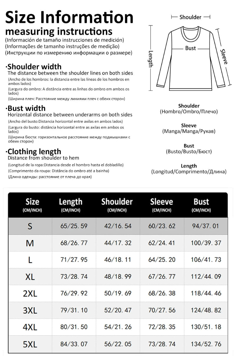 Size chart and measurement instructions for a long-sleeve shirt with labeled parts.