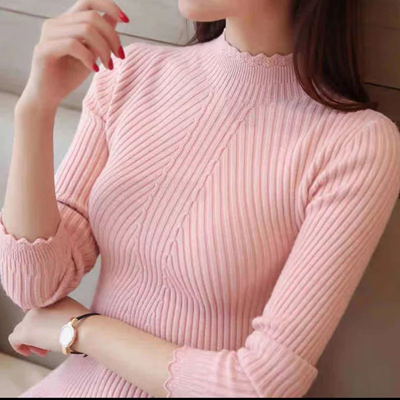 women’s long-sleeve knitted pullover sweater with a solid stripe design pink