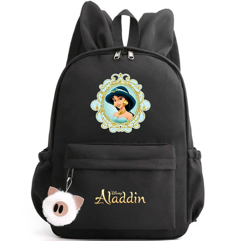 Black backpack with Aladdin character design on a white background