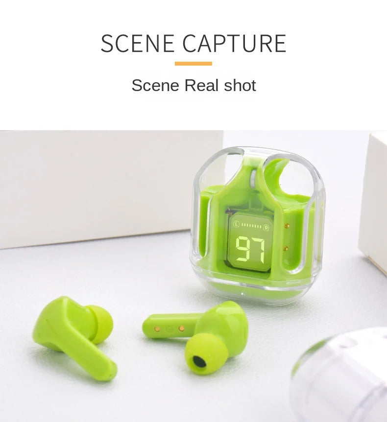 TWS wireless Bluetooth earbuds with transparent case, LED display, ENC mic, and stereo sound. green3