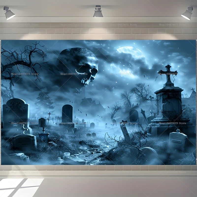 Gothic-style cemetery with moonlit sky and floating棺材s on a wall.