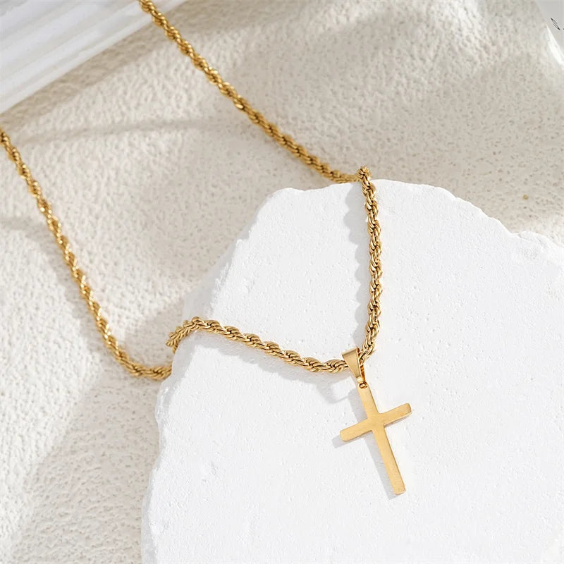 Unisex's cross pendant necklace with gold plated silver color simple twisted chain, fashionable jewelry for beach or party gift gold