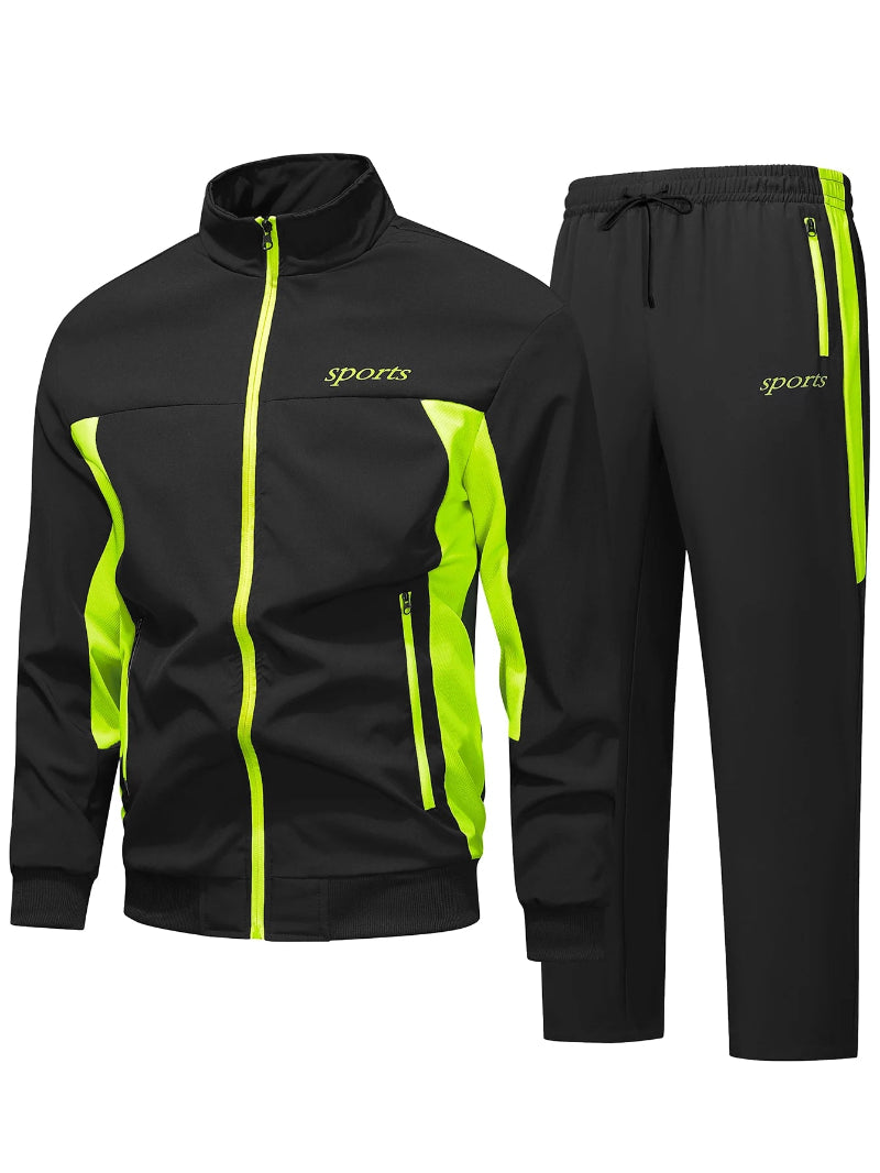 Black and green sports outfit with 'sports' branding on a white background