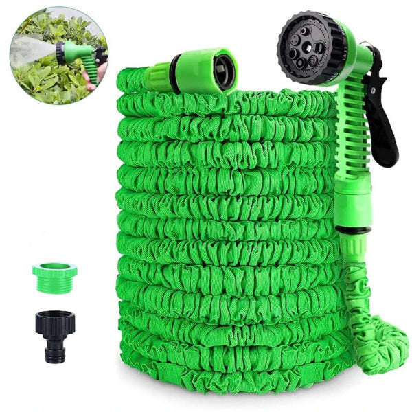 Flexible expandable garden hose with high-pressure water gun attachment. - green