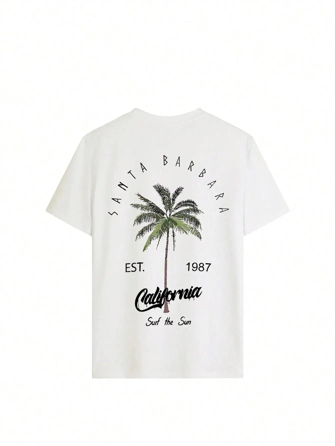White t-shirt with palm tree and text design on a white background