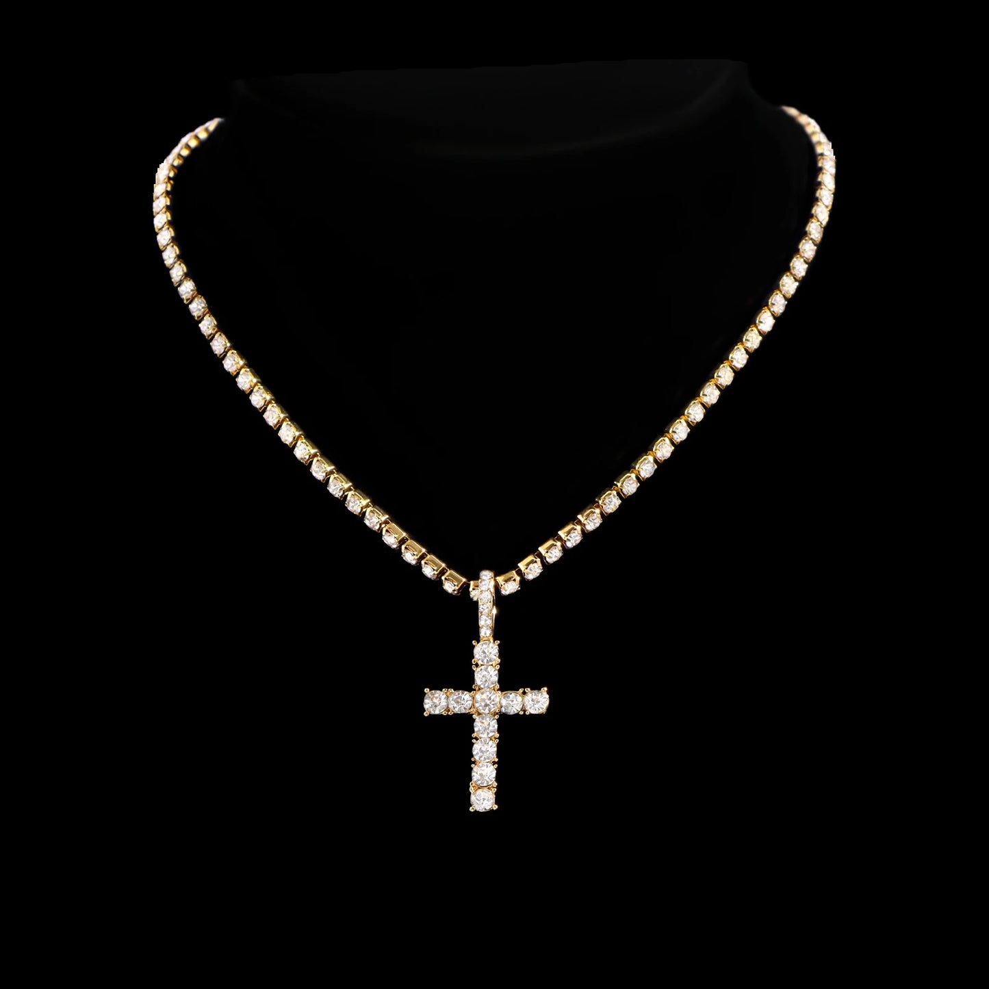 2pcs iced out hip hop Cuban chain and cross tennis necklace for men and women - gold one chain plus cross