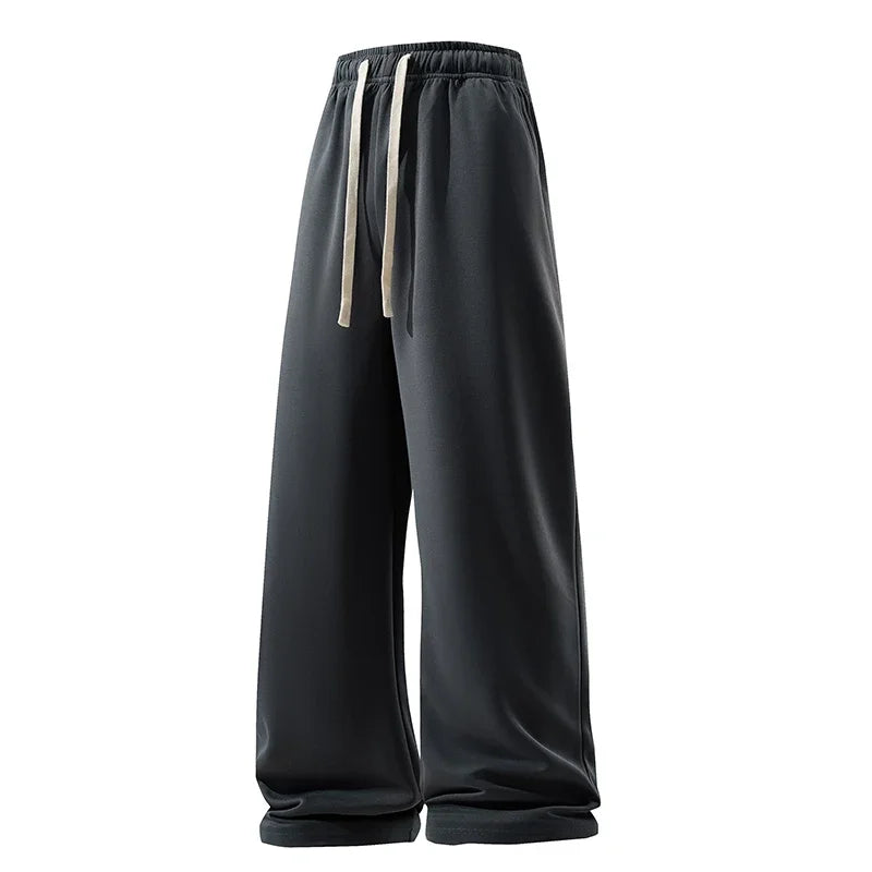 Black wide-leg pants with white drawstring on a white background