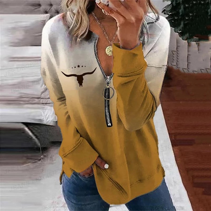 Women’s Vintage Wolf Graphic Oversized Zip-Up Hoodie with Zipper Closure-beige