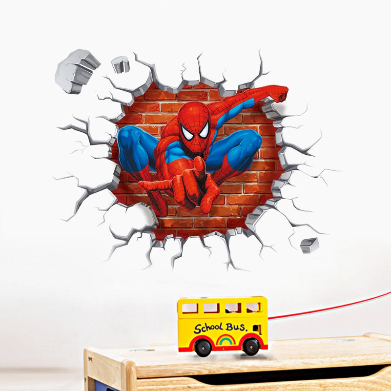 Spider-Man wall decal on a brick wall with a toy school bus below.