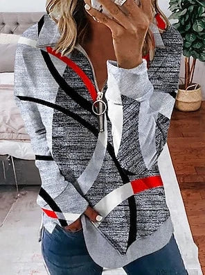 Women's Y2K oversized zip-up hoodie with geometric star pattern and crewneck design - white gray