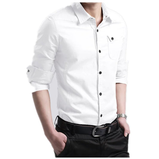 White dress shirt with black buttons worn by a person on a white background