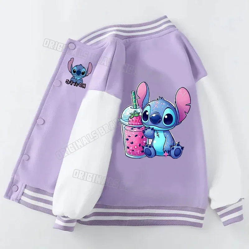 Purple jacket with cartoon character and drink design on a white background