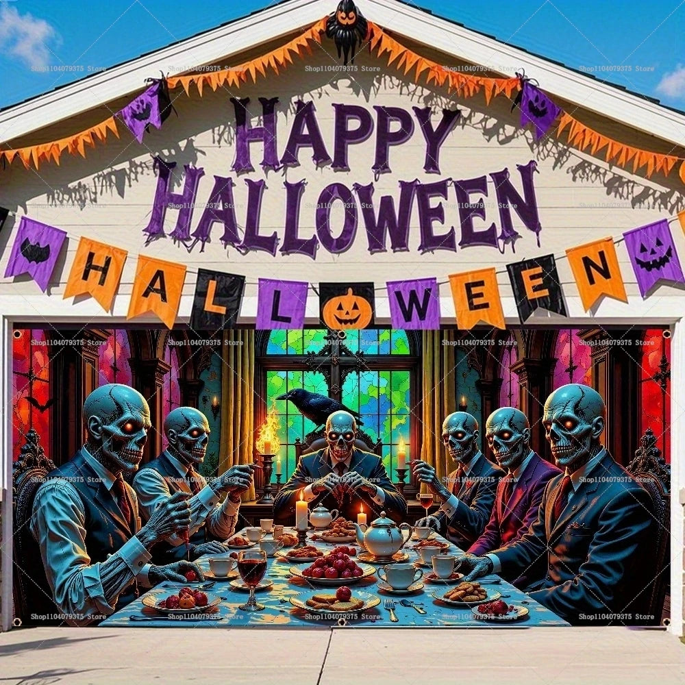 Decorative Halloween banner with skeletons at a table and 'Happy Halloween' text.