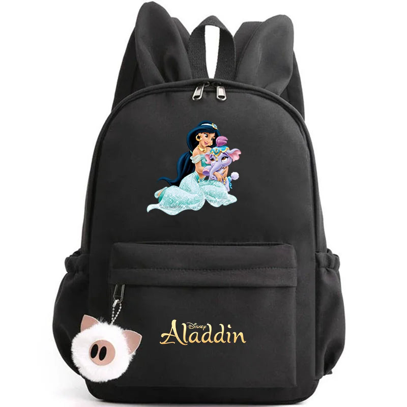 Black backpack with Aladdin and Jasmine design and 'Aladdin' branding on a white background